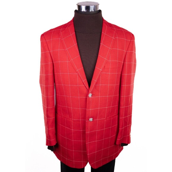 Paul Fredrick Men's 42S Sport Coat Blazer Red Check LINEN 2-Button Casual SLIM - Picture 2 of 13